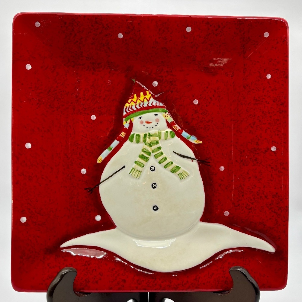 Oneida Snowmates Snowman 10" Square Dinner Plate by Debbie Taylor-Kerman, Red